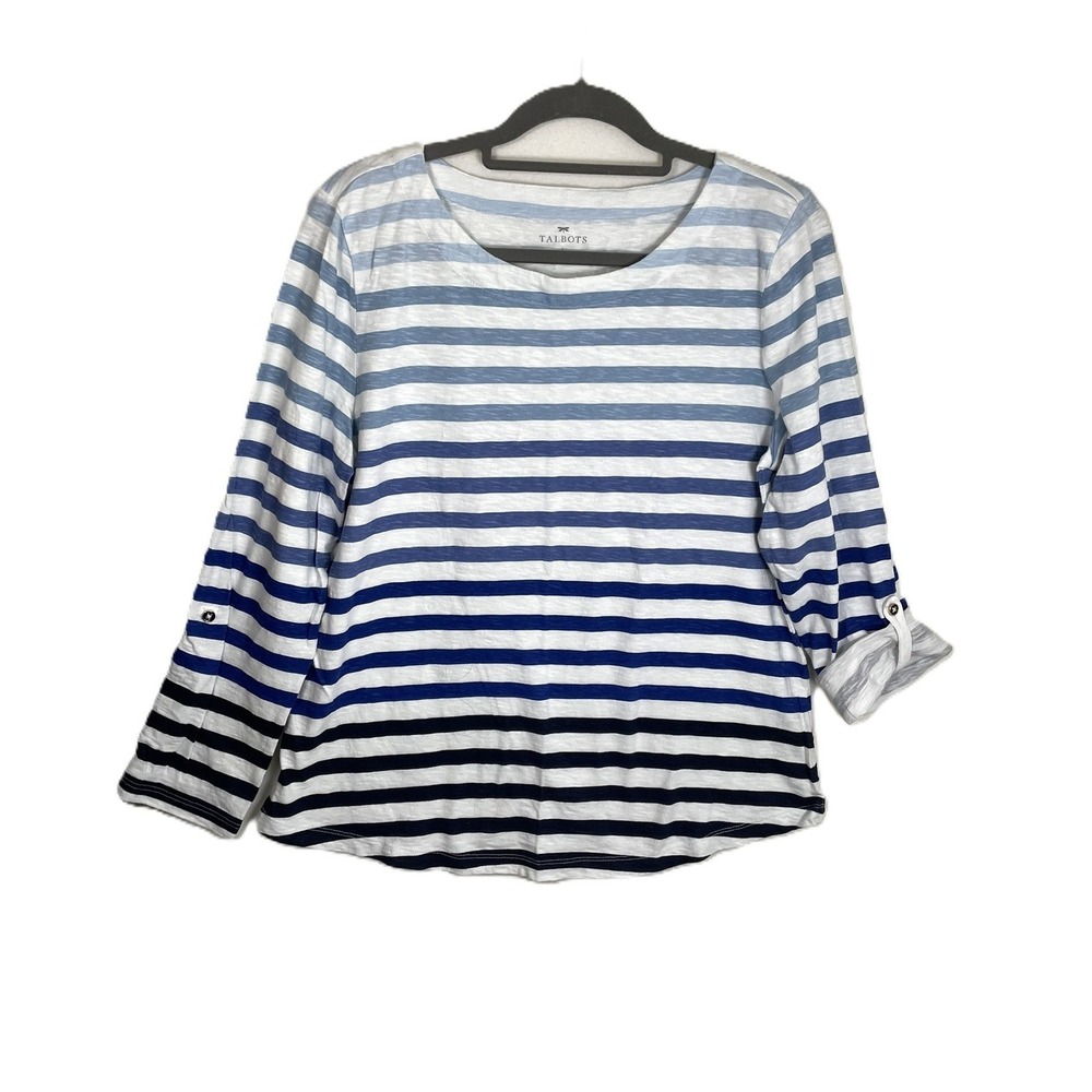 Talbots Large Blue Stripe 100% Cotton Roll Tab Sleeve Nautical Slub Knit Top